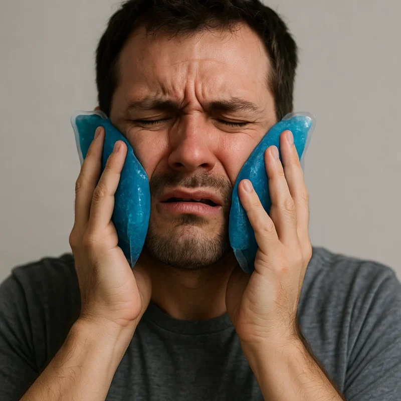 Show an image of a person putting an ice-pack on his cheeks